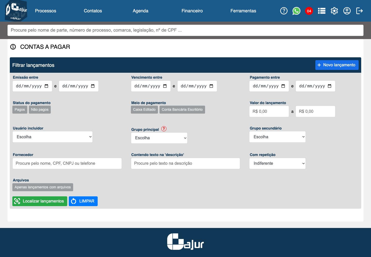 Tela de Contas a Pagar do AJUR com filtros financeiros detalhados