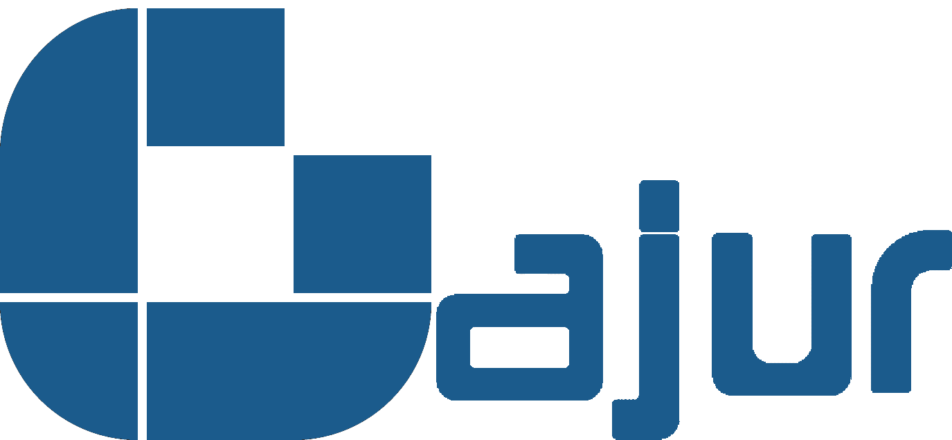 Logotipo com forma geométrica azul semicircular dividida em seis seções à esquerda e a palavra AJUR em letras estilizadas na cor azul à direita.